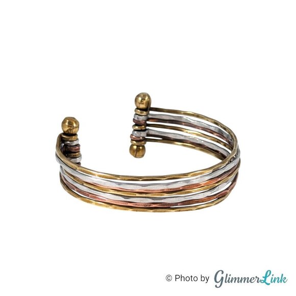Tri Color 7 Band Hammered Metal Cuff Bracelet - Picture 3 of 8